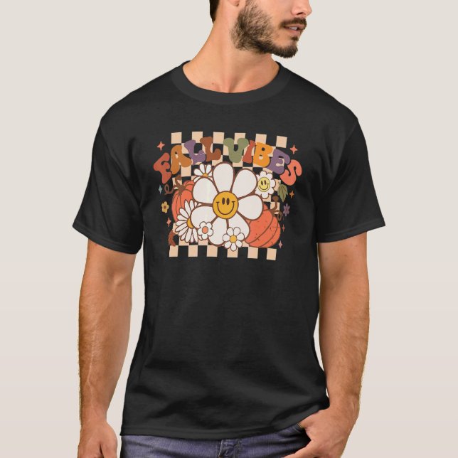 Thanksgiving Fall Vibes Retro Groovy Flower Pumpki T Shirt (Framsida)