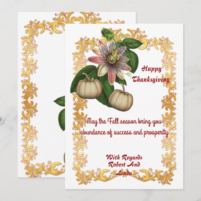 Thanksgiving Fall White Pumpkins Guld Ram Card (Fram/baksida)