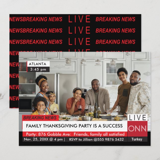Thanksgiving Family Party Breaking TV News Value Inbjudningar (Fram/baksida)