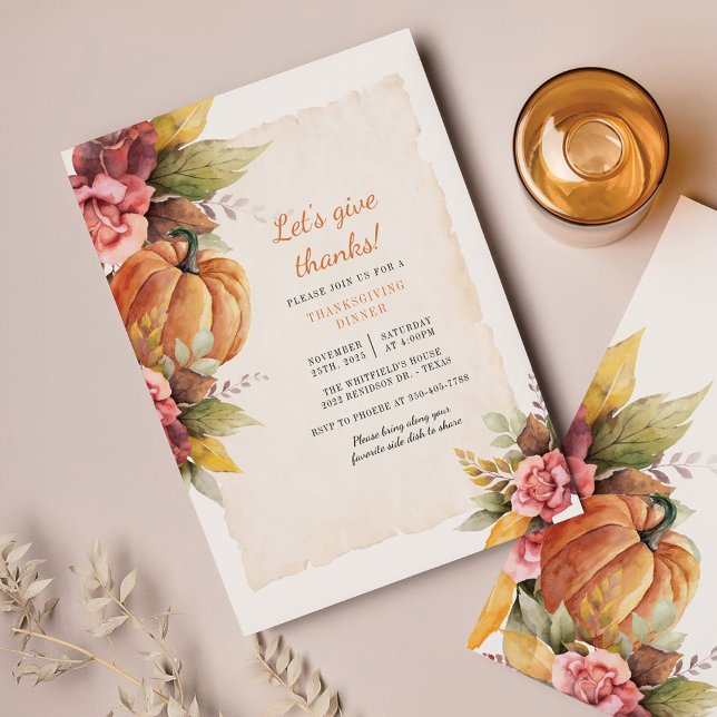 Thanksgiving för Blommigt av budgetpumpsprogram (Fall Floral Pumpkin Thanksgiving Dinner Invitation)