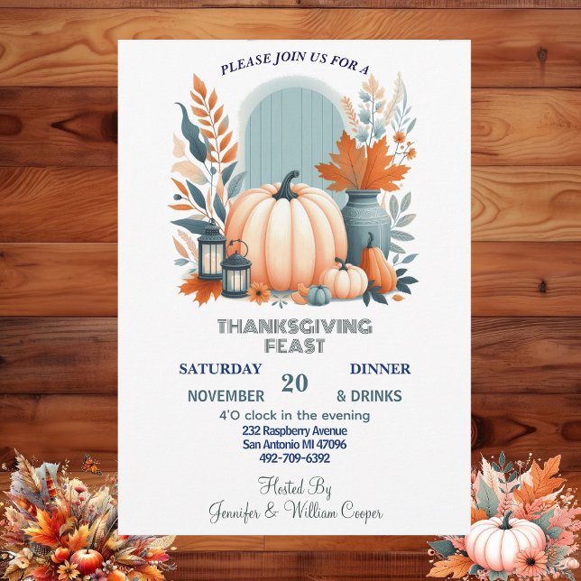 Thanksgiving för Boho Pumpkin Löv-hösten-Flora - ö Inbjudningar (Boho Pumpkin Leaf Autumn Flora Thanksgiving Feast Invitation)