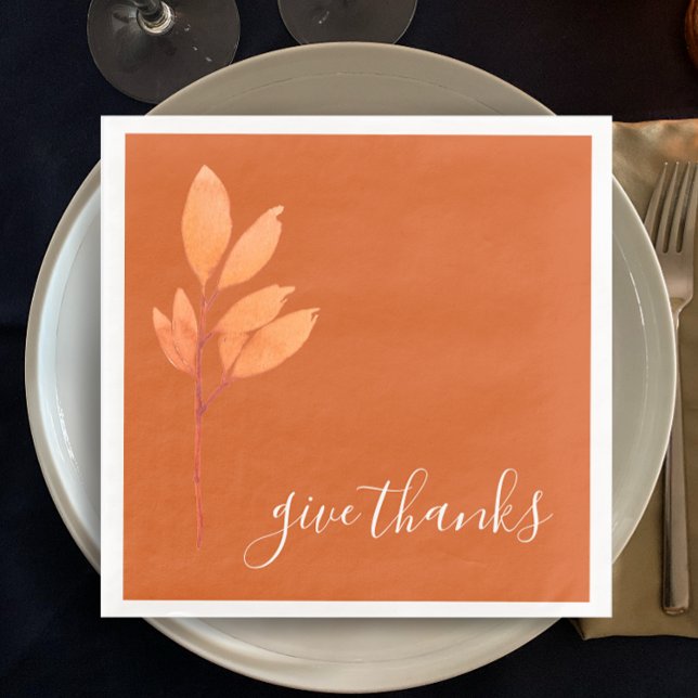Thanksgiving för bränd Orange, vattenfärg, Ge tack Pappersservett (Burnt orange original watercolor painting Thanksgiving dinner napkins. Elegant Give Thanks script.)