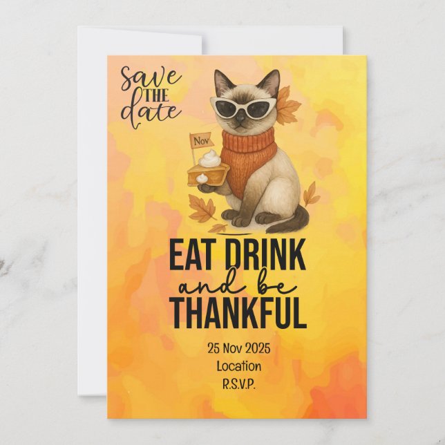 Thanksgiving för Cat Lovers med Pumpkin Paj Inbjudningar (Framsida)
