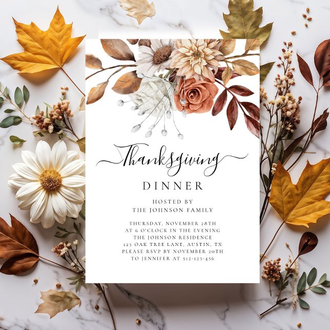 Thanksgiving för elegantens fallskärm, Blommigt Inbjudningar (Elegant Fall Floral Thanksgiving Dinner Invitation)