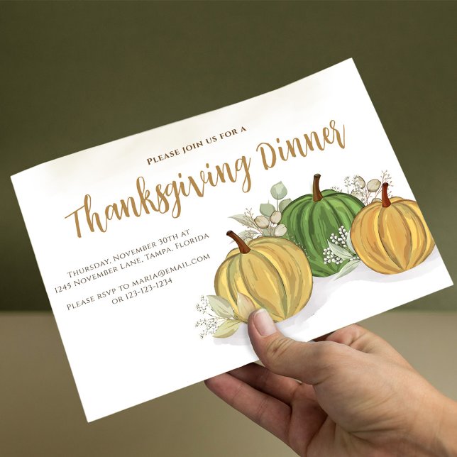 Thanksgiving för enkel höstblomma Pumpkin Inbjudningar (Thanksgiving watercolor gourds with watercolor greenery foliage. )