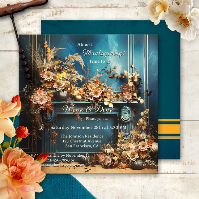 Thanksgiving för färglös Boho-Chic Party Inbjudningar (Whimsical boho chic Thanksgiving dinner party invitation, featuring flowers in a retro style room)