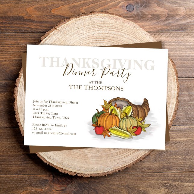 Thanksgiving för färgruta, innerfärg, Anpassningsb Inbjudningar (Thanksgiving cornucopia invitation with watercolor turkey and fall foliage. )