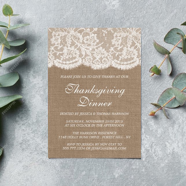 Thanksgiving för Rustic Burlap & White Snöre Inbjudningar (Skapare uppladdad)