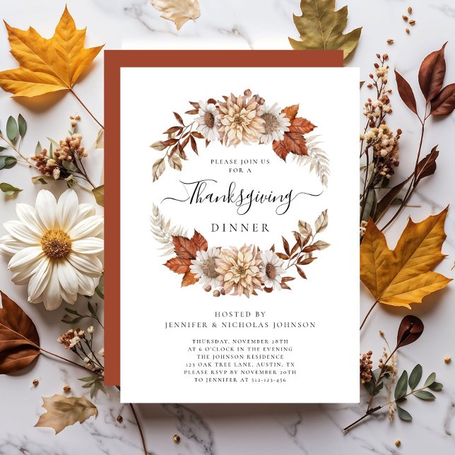 Thanksgiving för Rustic Fall Blommigt Inbjudningar (Rustic Fall Floral Thanksgiving Dinner Invitation)