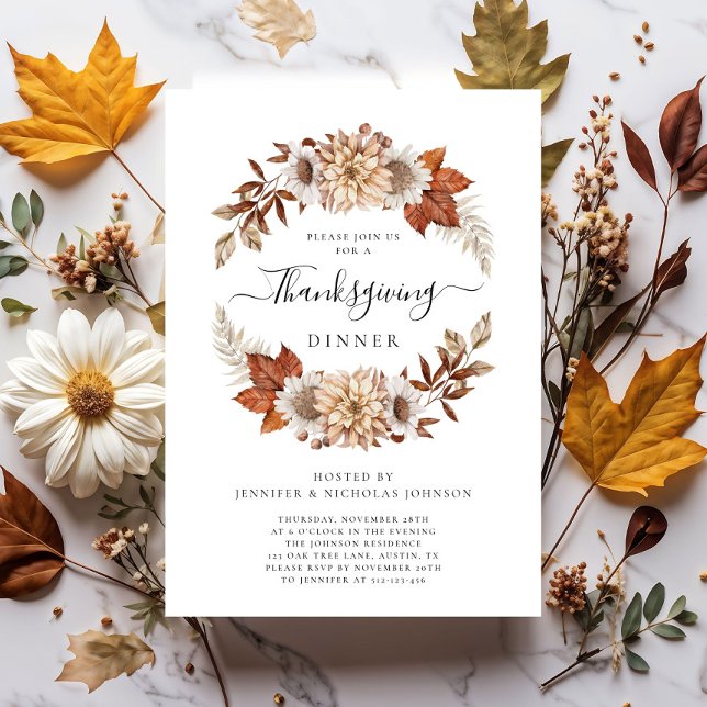 Thanksgiving för Rustic Fall Blommigt Inbjudningar (Rustic Fall Floral Thanksgiving Dinner Invitation)
