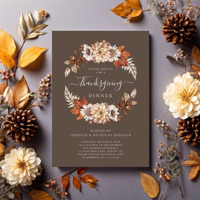 Thanksgiving för Rustic Fall Blommigt Inbjudningar (Rustic Brown Fall Floral Thanksgiving Dinner Invitation)