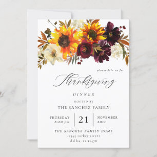 Thanksgiving för Rustic Solros och Burgundy-Blommi Inbjudningar