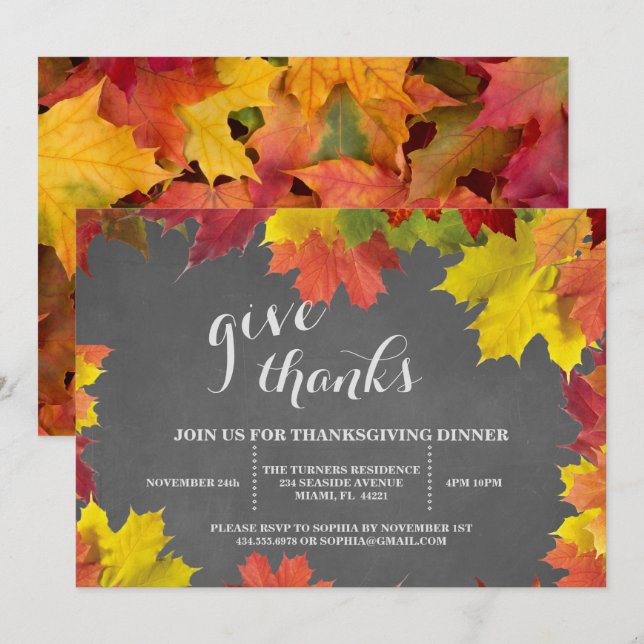 Thanksgiving för Rustik Höst löv-kalkboard Inbjudningar (Fram/baksida)