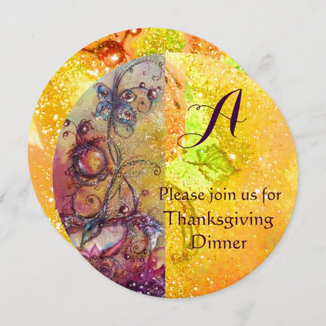 Thanksgiving FÖR SMÖJLIG MONOGRAM-BLOMMIGT Inbjudningar (Fram/baksida)