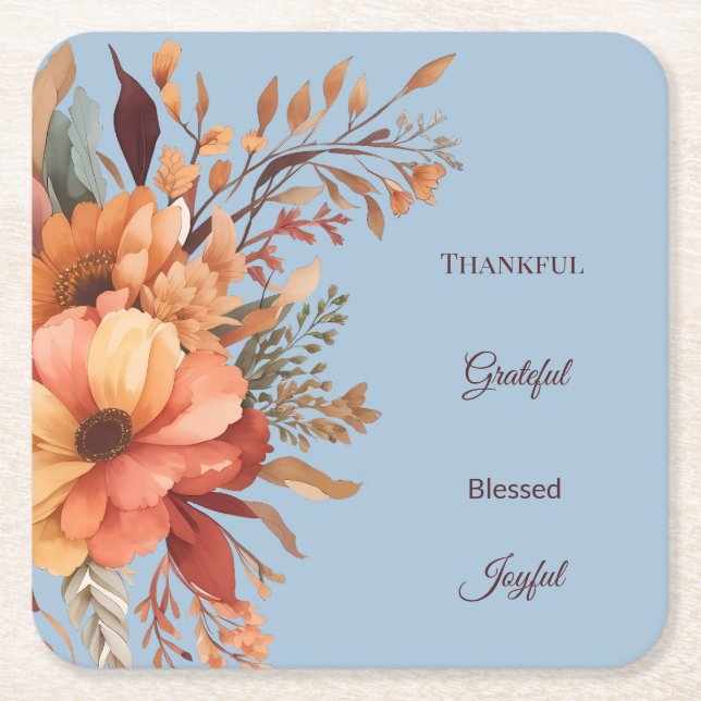 Thanksgiving för tacksam Grategul Blzed Blommigt Underlägg Papper Kvadrat (Framsidan)
