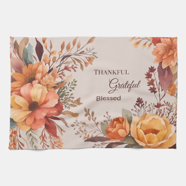 Thanksgiving för tacksam välsignad Blommigt Kökshandduk (Horisontell)