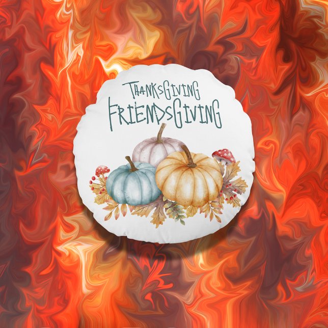 Thanksgiving Friendsgiving färgstark på vitt | Rund Kudde (Skapare uppladdad)
