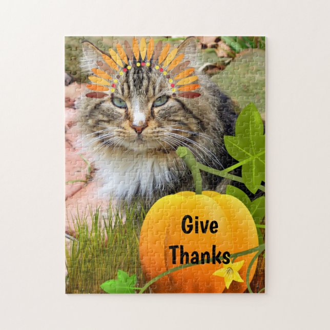 Thanksgiving "Ge tack" Cute Cat och Pumpkin Pussel (Vertikal)