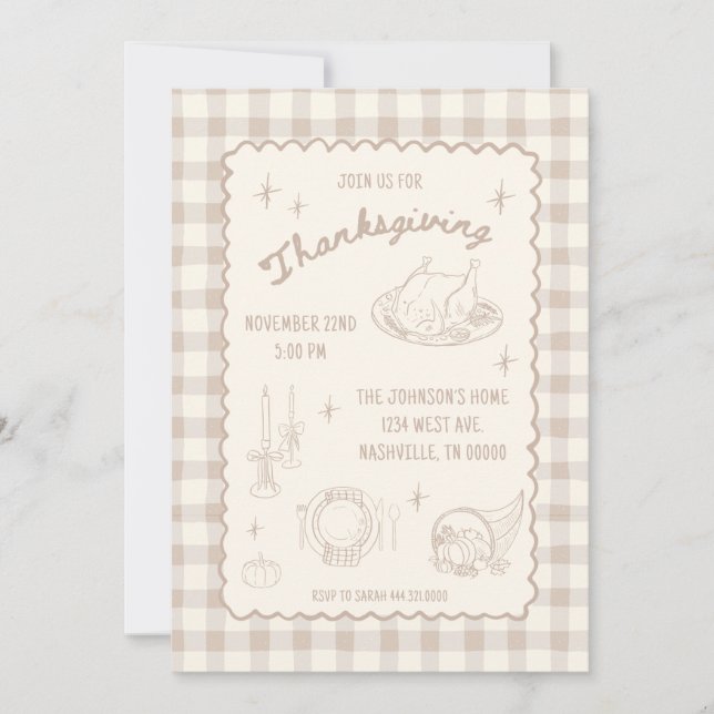 Thanksgiving Gingham Tan Neutral Aesthetic Inbjudningar (Framsida)