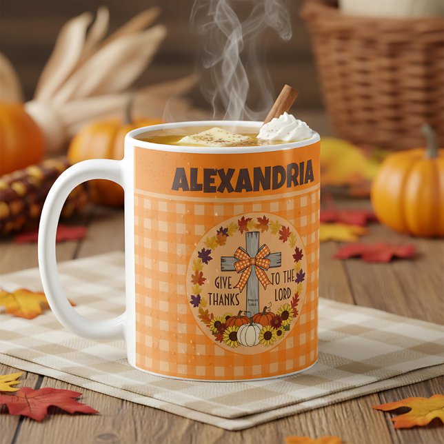 Thanksgiving Give Thanks To The Lord Orange Plaid Kaffemugg (Skapare uppladdad)