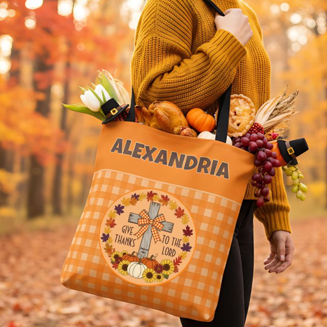 Thanksgiving Give Thanks To The Lord Orange Plaid Tygkasse (Skapare uppladdad)