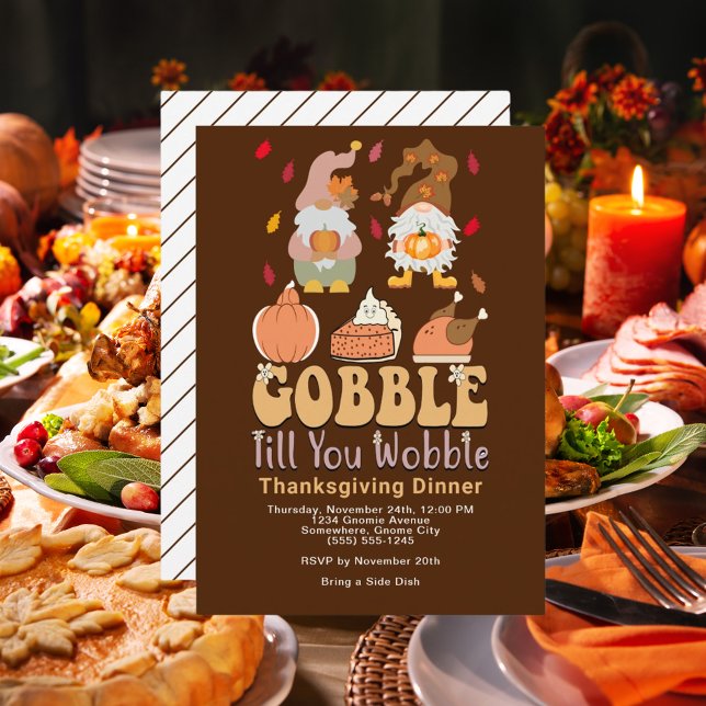 Thanksgiving Gnomes Gobble-inbjudan Julkort (Thanksgiving Dinner Gnomes Gobble Quote Invitation)
