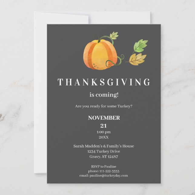 Thanksgiving Grått  i innervattenfärg Pumpkin-Mörk Inbjudningar (Framsida)