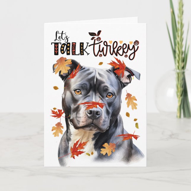 Thanksgiving Grått Pit Bull Dog Lets Prata med Tur Helgkort (Framsida)