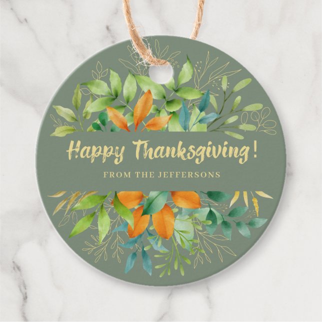 Thanksgiving Grönt Höst löv Vattenfärgsfall för  Gåvor Etiketter (Framsida)