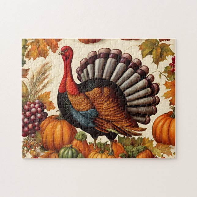 Thanksgiving Harvest and Turkey, färgad Vintage Pussel (Horisontell)