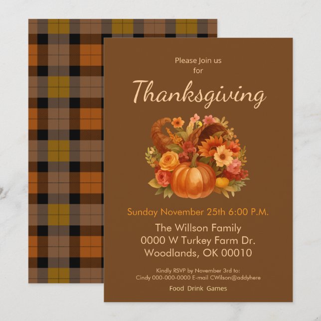 Thanksgiving Harvest Dinner Inbjudningar (Fram/baksida)
