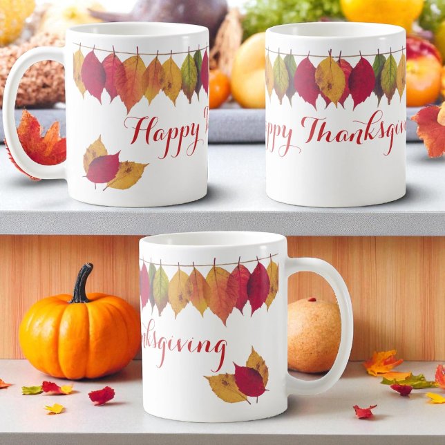 Thanksgiving Helgdag Colorful Höst löv Gräns Kaffemugg (All around view of template text ceramic mug)