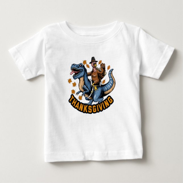 Thanksgiving helgdag kalkon som kör tyrannosaurus t shirt (Framsida)