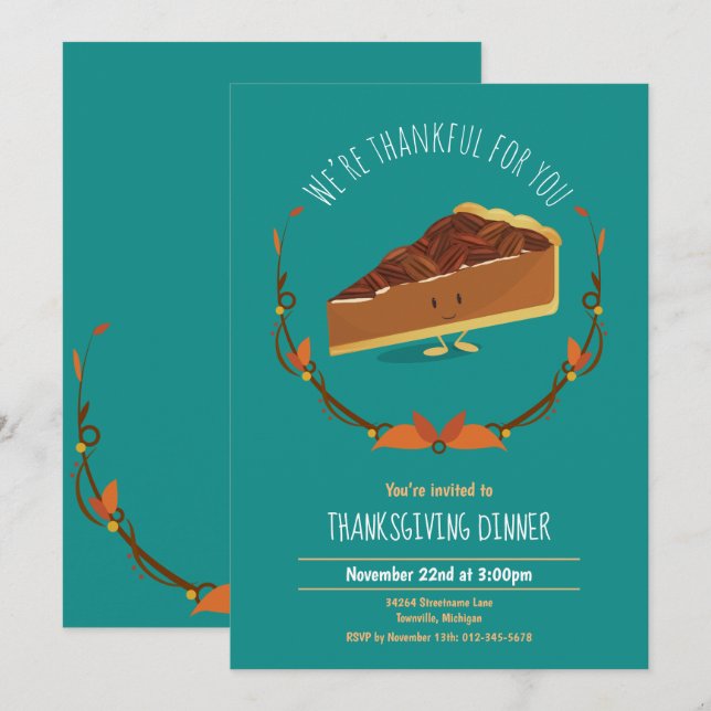 Thanksgiving Helgdag Pecan Paj Inbjudan Teal (Fram/baksida)
