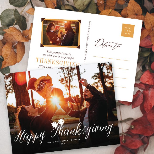 Thanksgiving Höst löv enkelt skriptfoto Helg Vykort (Thanksgiving Fall Leaves Simple Script Modern Photo Holiday Postcard @ fat_fa_tin)
