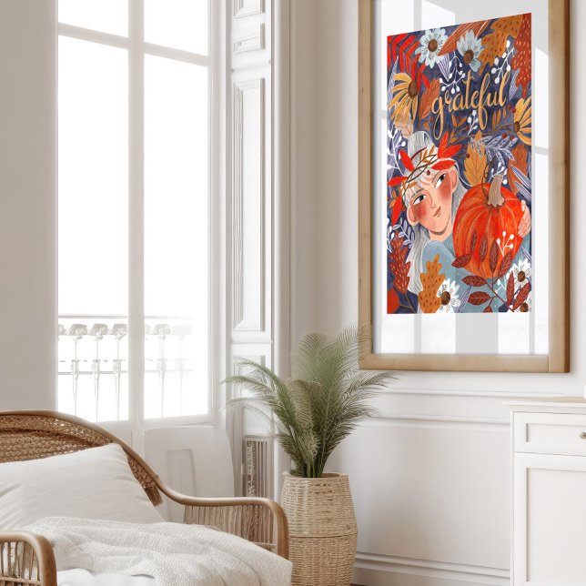 Thanksgiving höst löv orange poster (Thanksgiving autumn leaves girl orange poster)