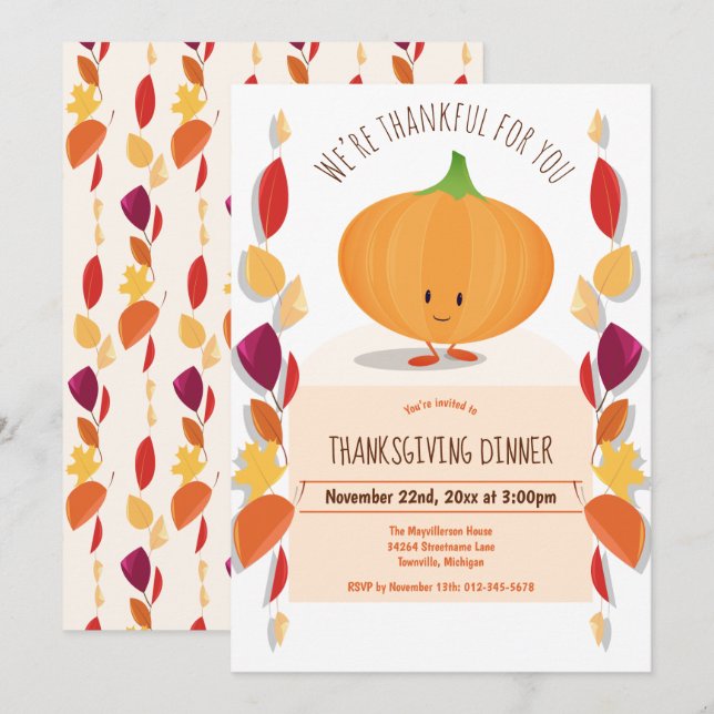 Thanksgiving Höst löv Roligt Pumpkin Tecknad Inbjudningar (Fram/baksida)