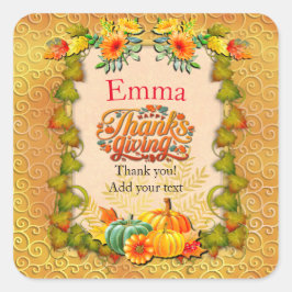 Thanksgiving Höstblomma Löv och pumpor Fyrkantigt Klistermärke