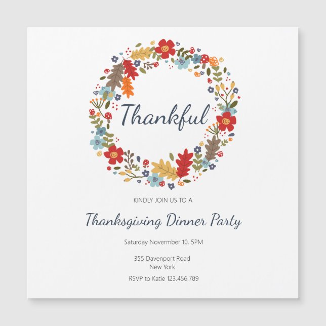 Thanksgiving Inbjudan till middagen Thankful WAN Magnetisk Inbjudningskort (Framsida)