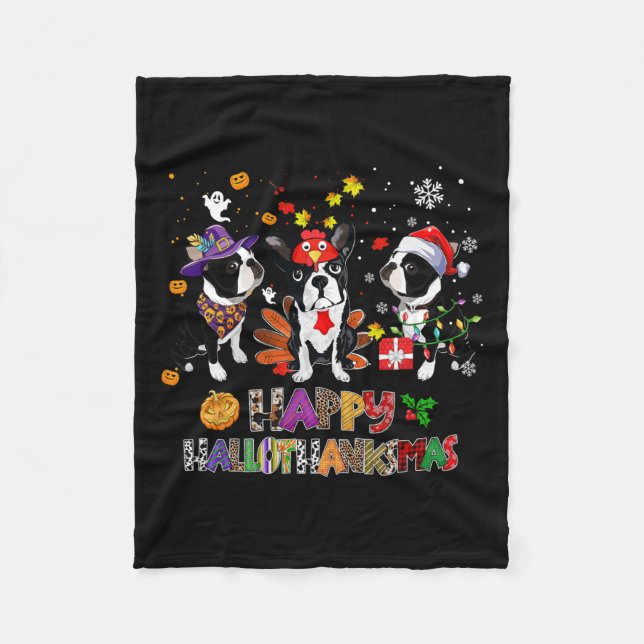 Thanksgiving jul Boston Terrier Hund Hallotha Fleecefilt (Framsidan)