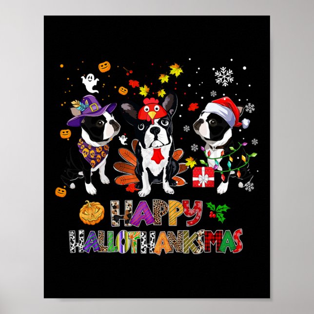 Thanksgiving jul Boston Terrier Hund Hallotha Poster (Framsidan)
