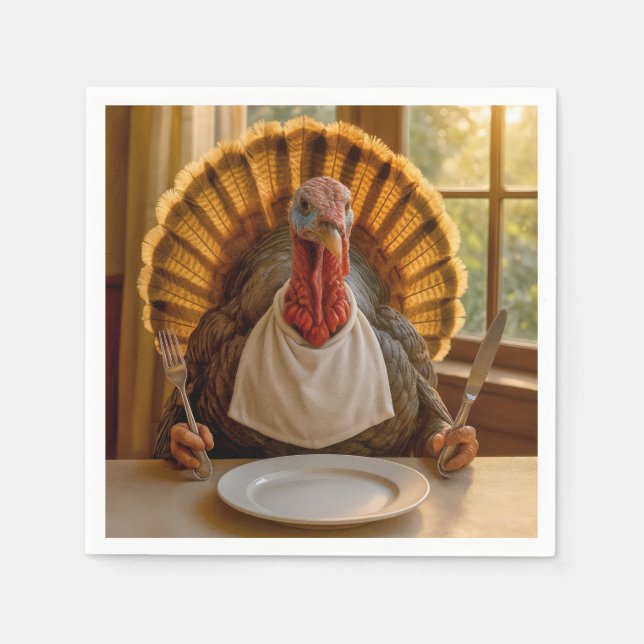 Thanksgiving-kalkon med kniv och gaffel pappersservett (Framsidan)