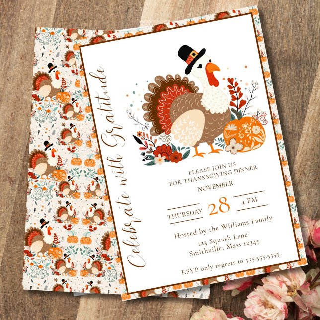 Thanksgiving-kalkon med pumpor, höst  inbjudningar (Skapare uppladdad)