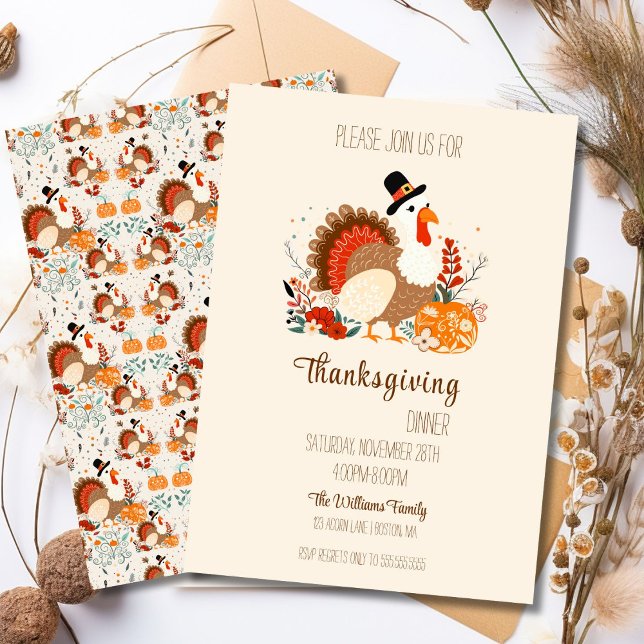 Thanksgiving-kalkon med pumpor, höstlöv inbjudningar (Skapare uppladdad)