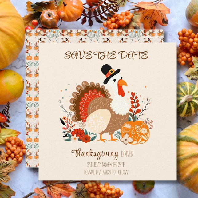 Thanksgiving-kalkon med pumpor och höstlöv spara datumet (Skapare uppladdad)