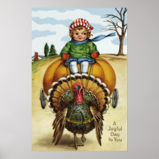 Thanksgiving Kalkon Pojke Ridande Pumpa Poster