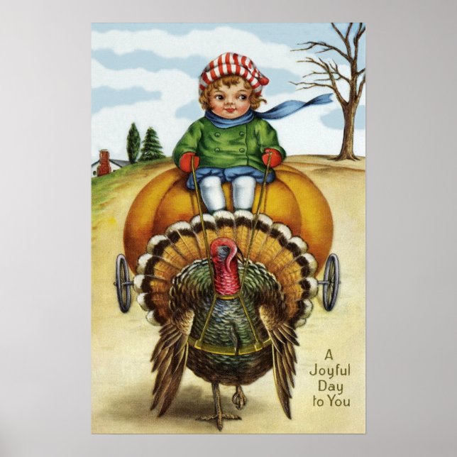 Thanksgiving Kalkon Pojke Ridande Pumpa Poster (Framsidan)