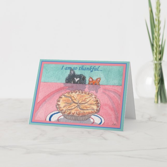 Thanksgiving kort, hund och kattplanering en paj-h helgkort (Framsida)