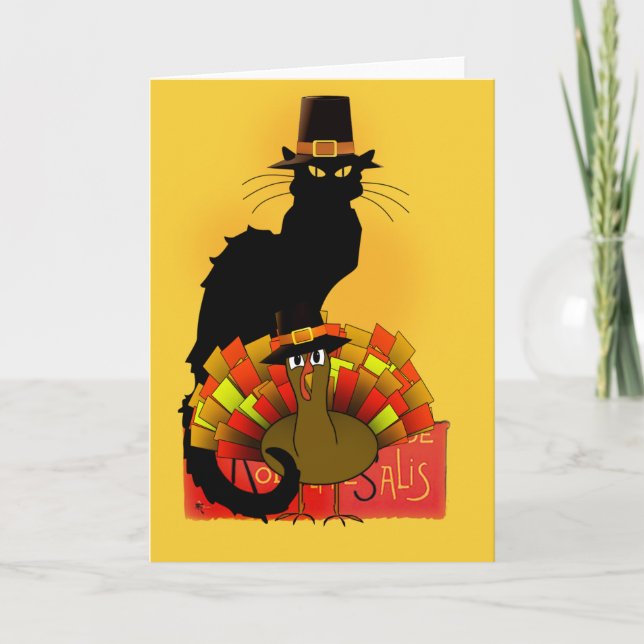 Thanksgiving Le Chatta Noir med Turkiet Pilgrim Helgkort (Framsida)