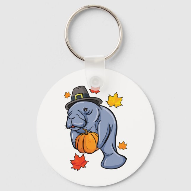 Thanksgiving Manatee Pilgrim Fall Pumpkin Dugong Nyckelring (Framsida)